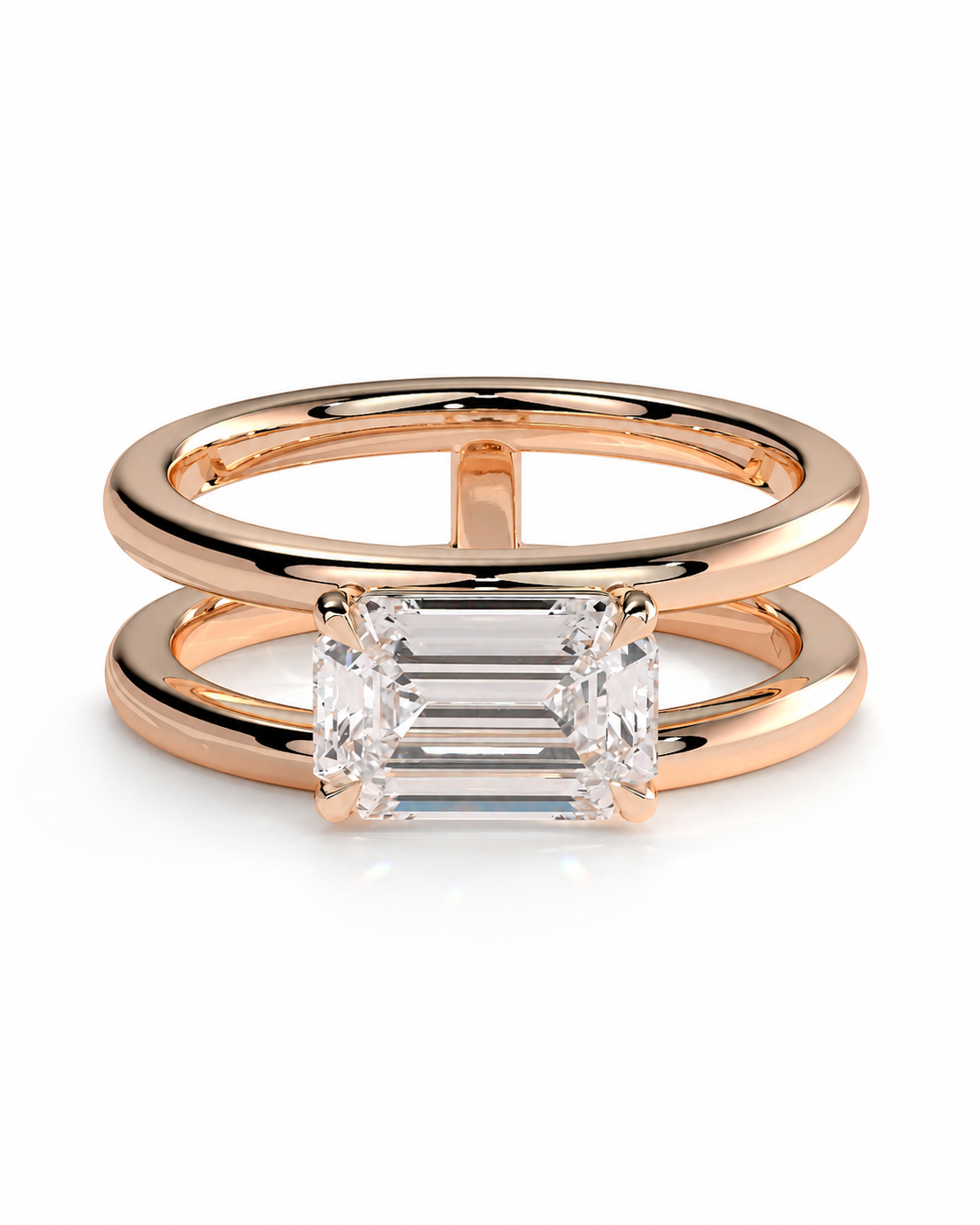 color_10K_RG, color_14K_RG &&A rose gold double-band ring with a large rectangular emerald-cut clear gemstone, shown on a clean white background.