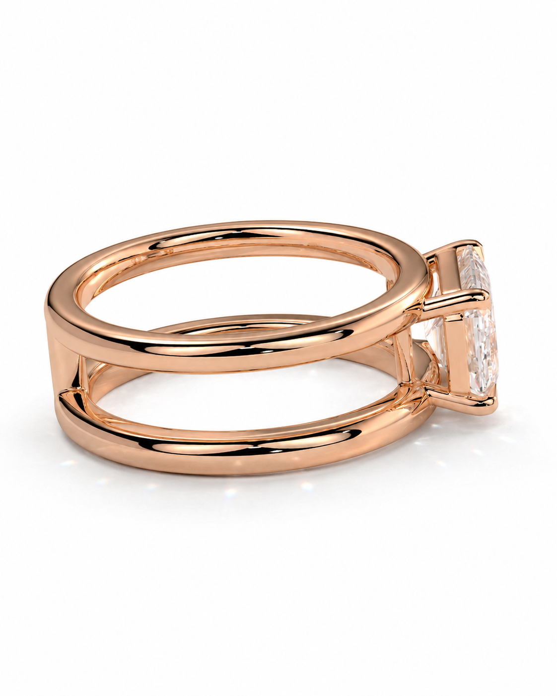 color_10K_RG, color_14K_RG &&A rose gold ring with a split shank band and a rectangular clear gemstone, shown on a clean white background.