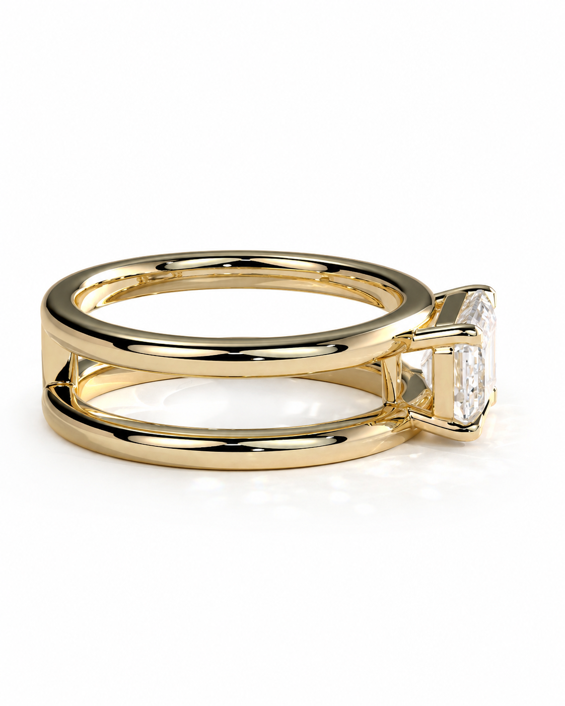 color_10K_YG, color_14K_YG &&A gold ring with a split shank design and a rectangular clear gemstone, shown on a plain white background.