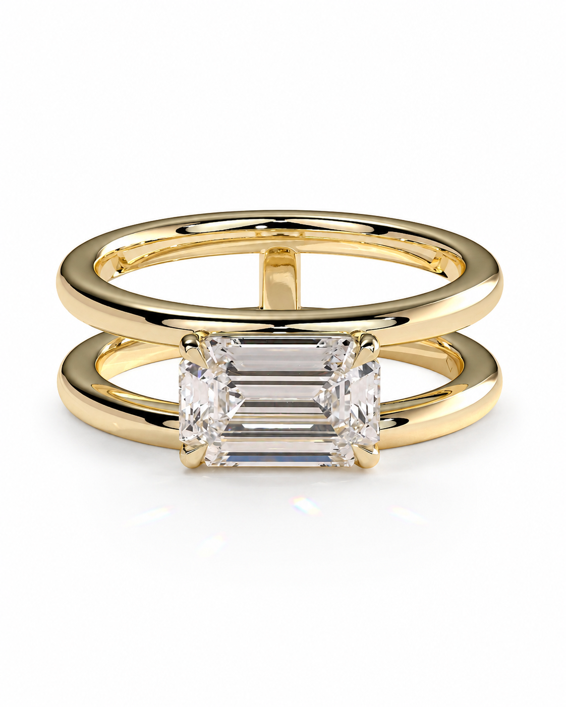 color_10K_YG, color_14K_YG &&A yellow gold double-band ring featuring a rectangular baguette-cut clear gemstone in a prong setting, shown on a clean white background.