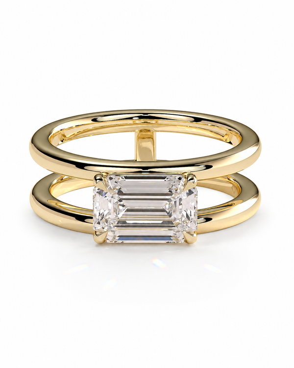 color_10K_YG, color_14K_YG &&A yellow gold double-band ring featuring a rectangular baguette-cut clear gemstone in a prong setting, shown on a clean white background.