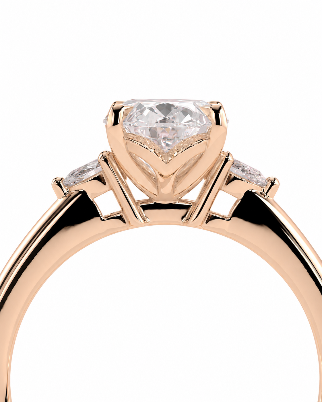 color_10K_RG, color_14K_RG &&A close-up of a rose gold ring featuring a large heart-shaped clear gemstone in a prong setting, with smaller side stones on a clean white background.