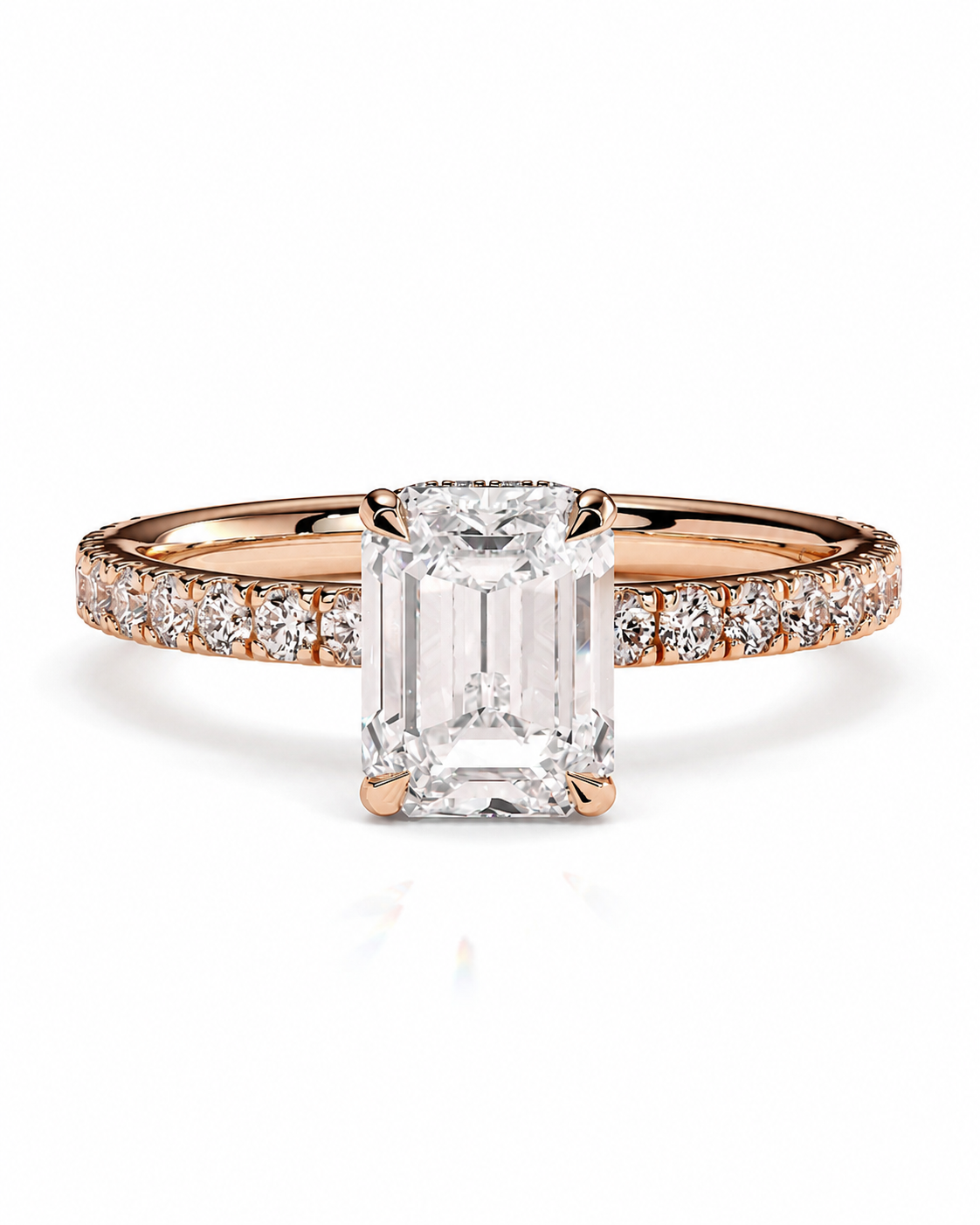 color_10K_RG, color_14K_RG &&A rose gold engagement ring featuring a large emerald-cut diamond center stone and pave diamonds along the band, set against a clean white background.