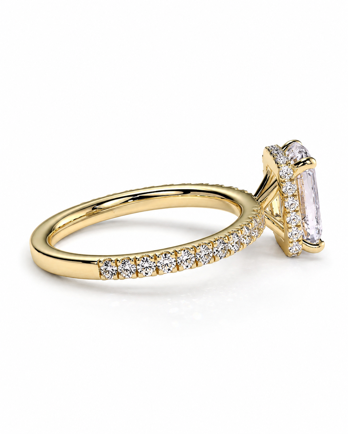 color_10K_YG, color_14K_YG &&A yellow gold engagement ring featuring a rectangular emerald-cut clear center stone and a pave band set with small round diamonds, shown on a clean white background.