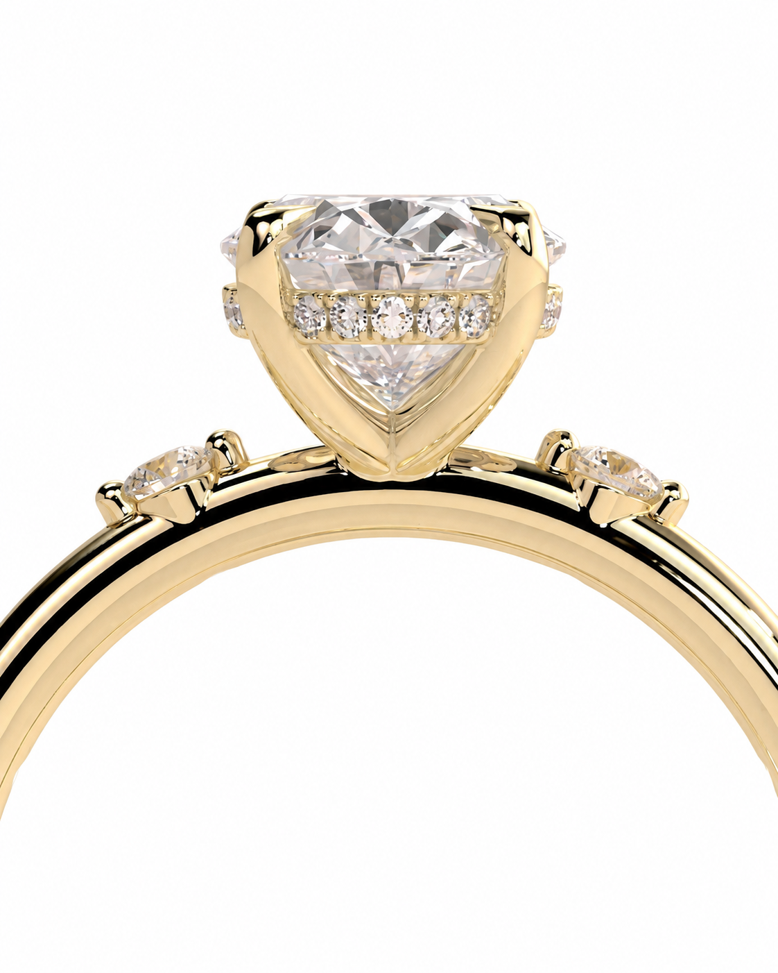 color_10K_YG, color_14K_YG &&A close-up shot of a yellow gold ring featuring a large heart-shaped clear gemstone in a halo setting, with smaller round-cut diamonds along the band, set against a plain white background.