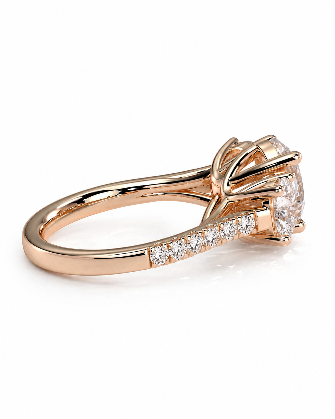 color_10K_RG, color_14K_RG &&Rose gold diamond ring with a large round-cut center stone and a pave band set with small diamonds, shown on a white background.