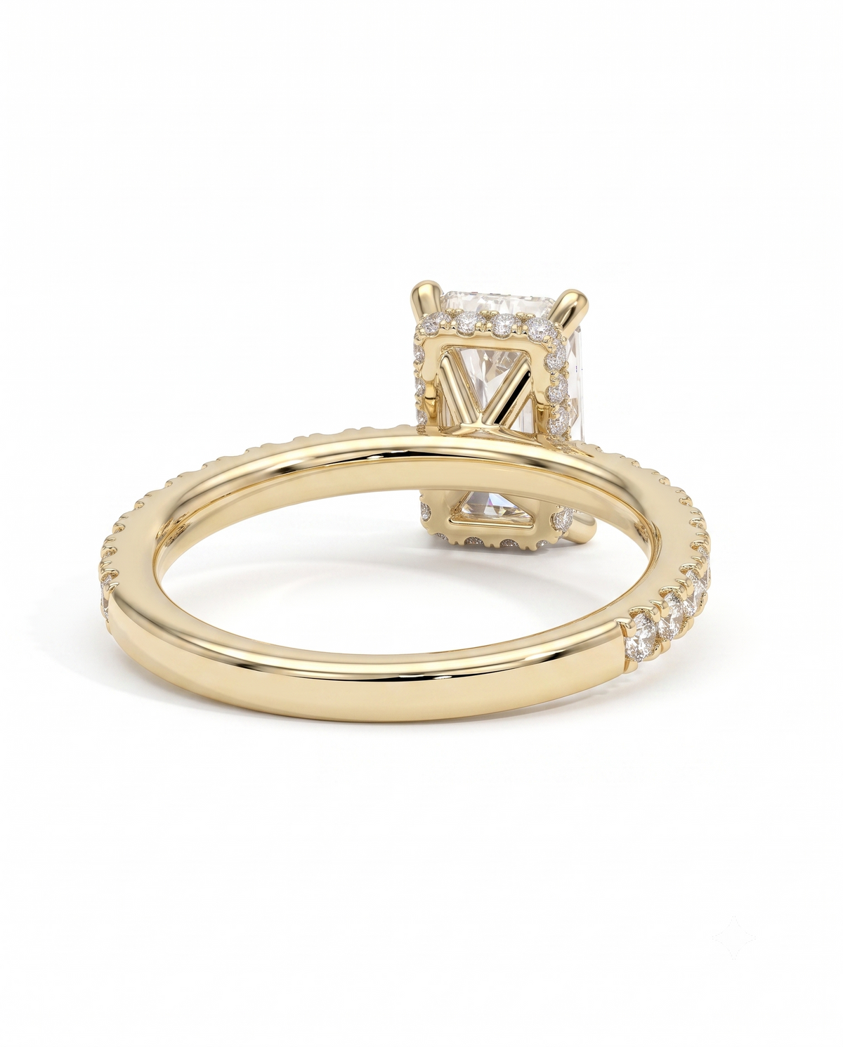 color_10K_YG, color_14K_YG &&A yellow gold ring with a rectangular cushion-cut diamond center stone featuring an 'M' motif, surrounded by small pave diamonds, and a matching diamond-accented band, shown on a white background.