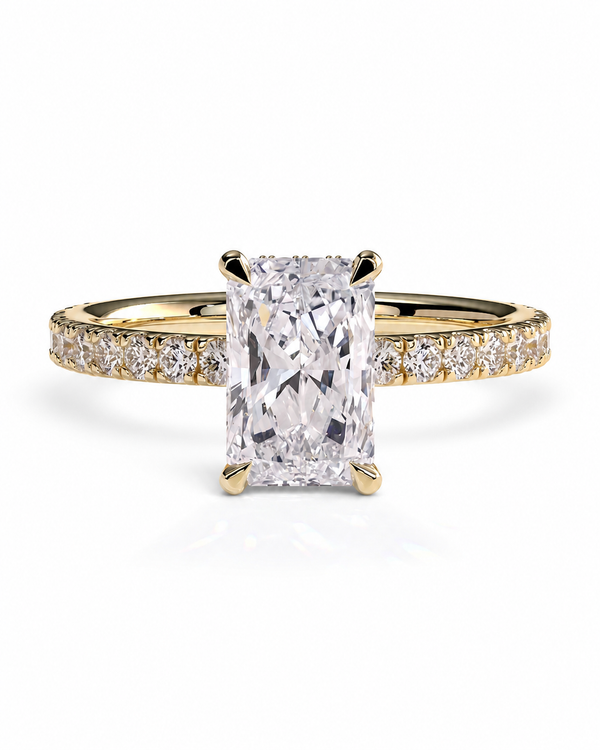 color_10K_YG, color_14K_YG &&A yellow gold engagement ring featuring a large rectangular radiant-cut diamond center stone, with a pave-set diamond band, shown on a clean white background.