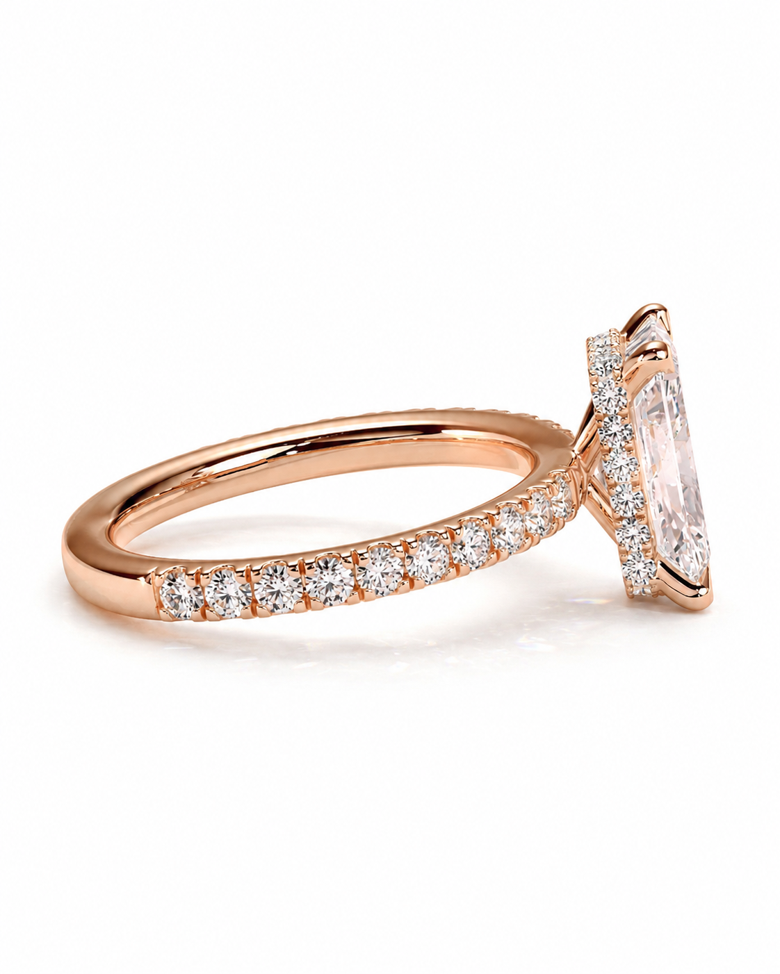 color_10K_RG, color_14K_RG &&Rose gold ring with a marquise-cut clear center stone and a pave band of small round stones, shown on a clean white background.