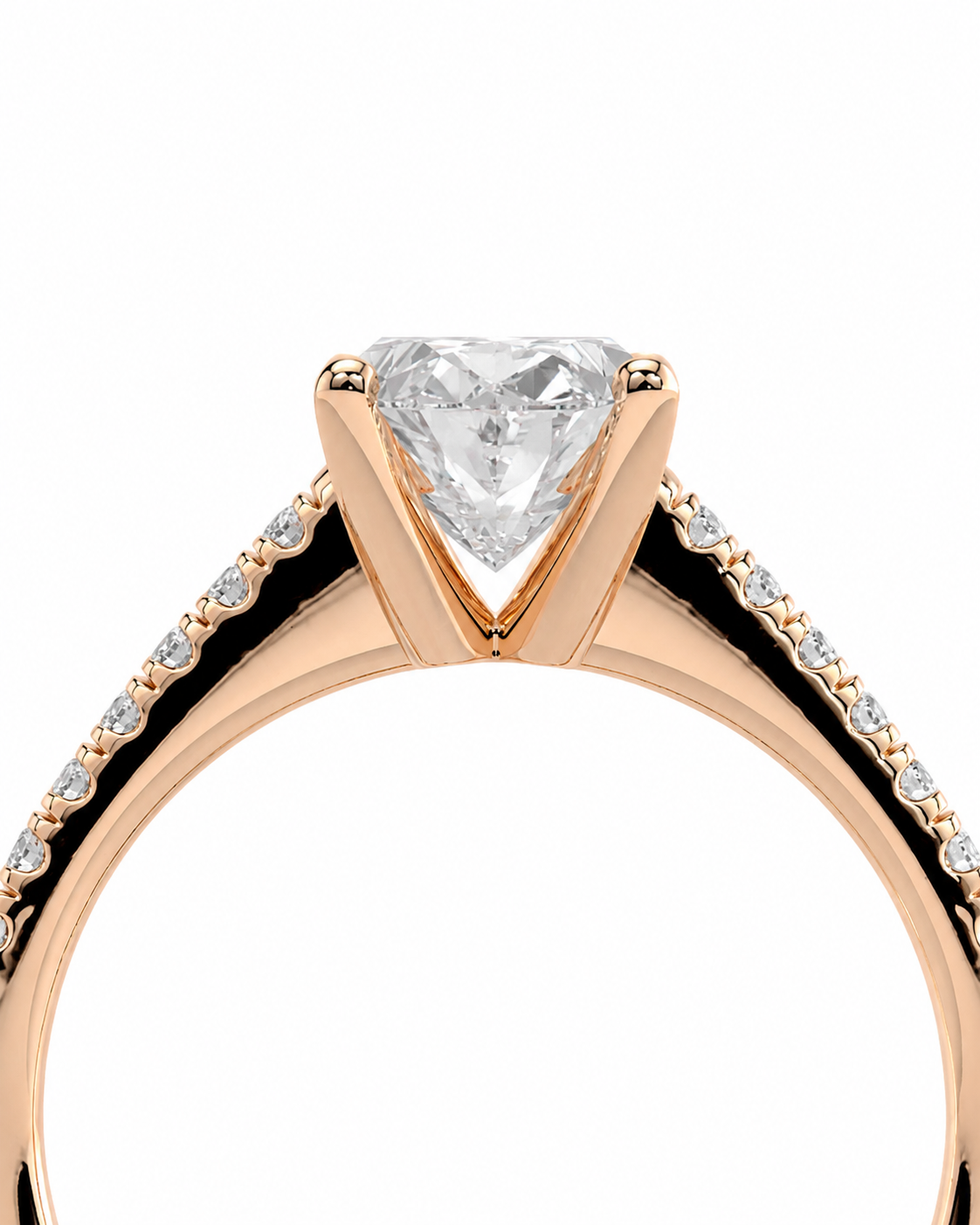 color_10K_RG, color_14K_RG &&A close-up of a rose gold engagement ring featuring a heart-shaped clear gemstone in a V-prong setting, with pave diamonds along the split shank, shown against a solid white background.