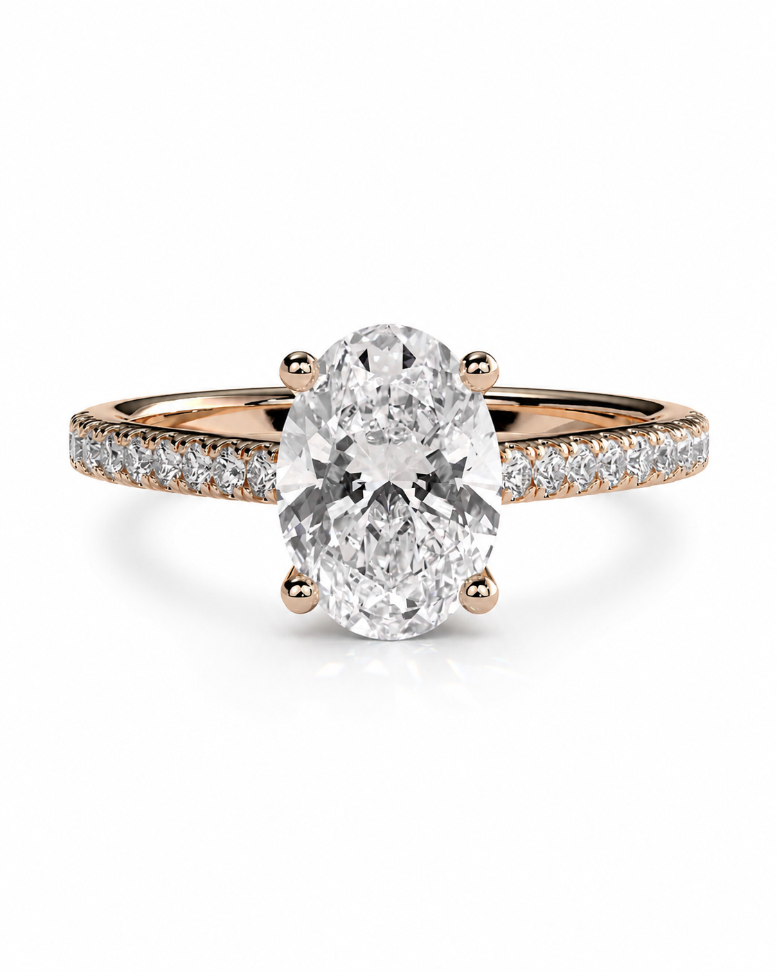 color_10K_RG, color_14K_RG &&An oval-cut diamond engagement ring in a rose gold setting, featuring a pave band with small diamonds, shot against a clean white background.