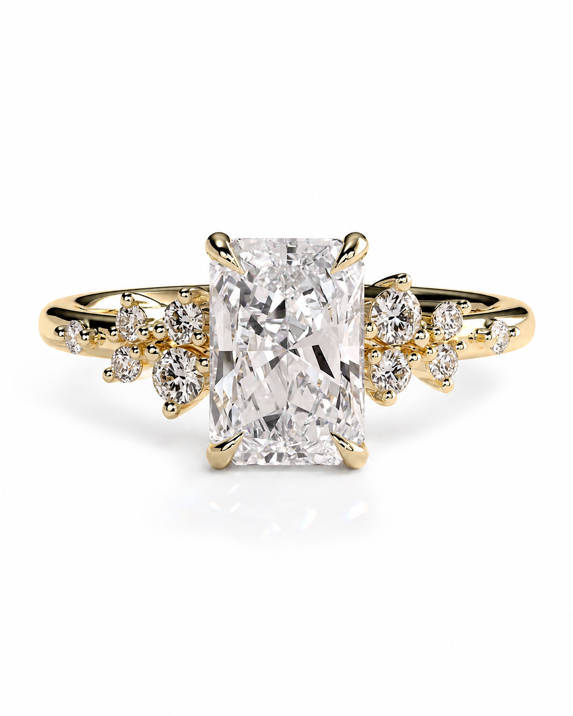 color_10K_YG, color_14K_YG &&A yellow gold engagement ring featuring a large rectangular emerald-cut diamond center stone with smaller round diamonds set along the shoulders, shown on a clean white background.