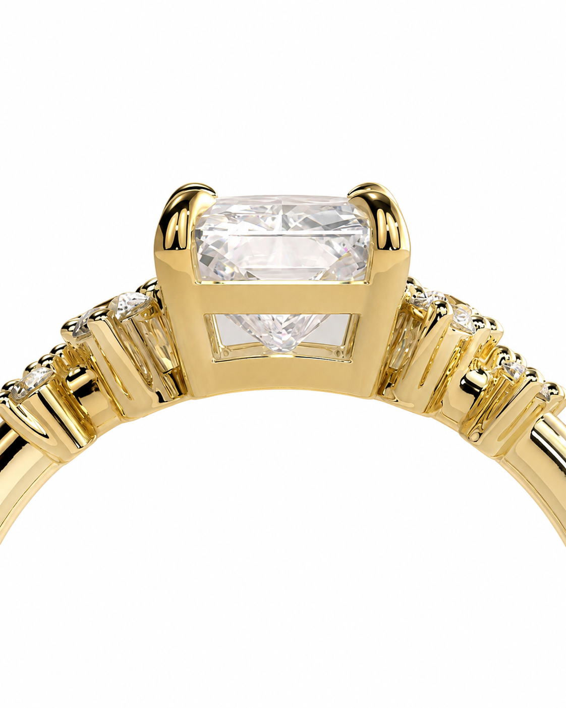 color_10K_YG, color_14K_YG &&A close-up of a yellow gold ring featuring a rectangular clear gemstone in a prong setting, with smaller accent stones along the band, shown against a plain white background.