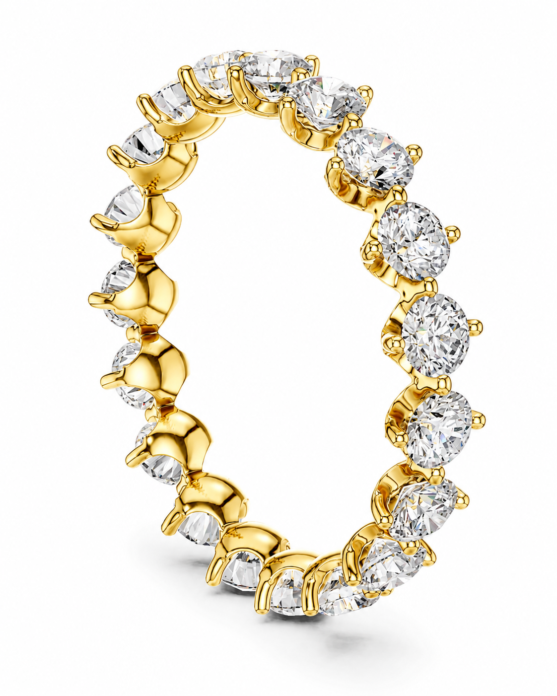 color_10K_YG, color_14K_YG &&A yellow gold eternity ring featuring a continuous row of round brilliant-cut clear gemstones in prong settings, shown on a clean white background.