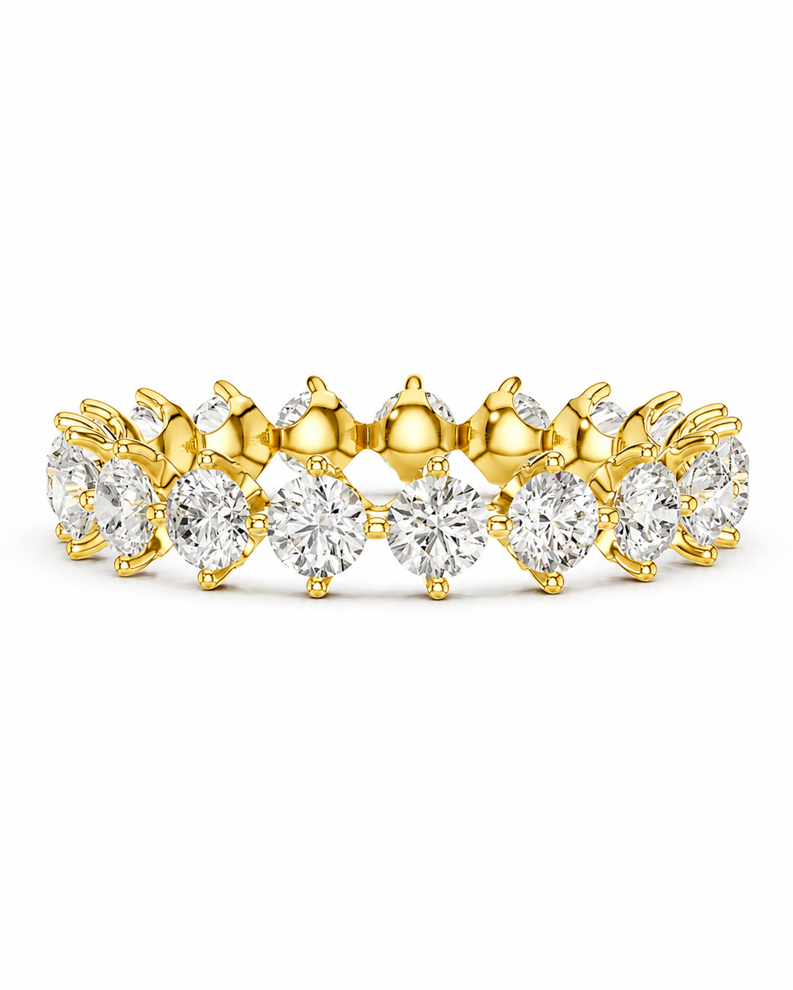 color_10K_YG, color_14K_YG &&A yellow gold eternity ring featuring a continuous row of round brilliant-cut diamonds in a prong setting, shown against a solid white background.