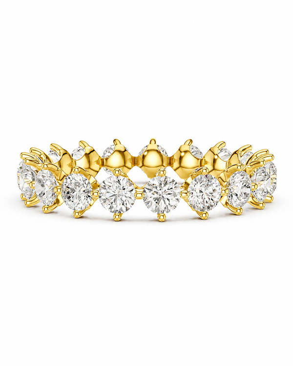 color_10K_YG, color_14K_YG &&A yellow gold eternity ring featuring a continuous row of round brilliant-cut diamonds in a prong setting, shown against a solid white background.