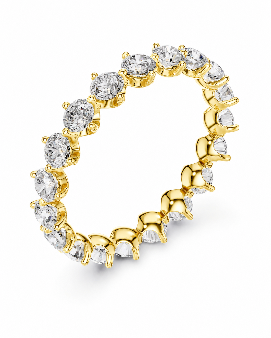color_10K_YG, color_14K_YG &&A yellow gold eternity ring featuring a continuous row of round-cut clear gemstones in a prong setting, shown on a clean white background.