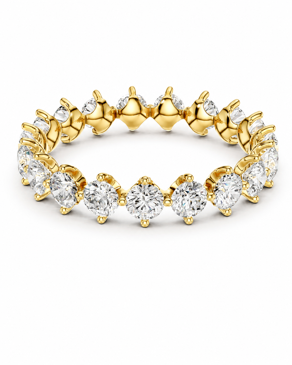 color_10K_YG, color_14K_YG &&A gold eternity-style ring featuring a continuous row of round brilliant-cut clear gemstones in prong settings, shown on a clean white background.