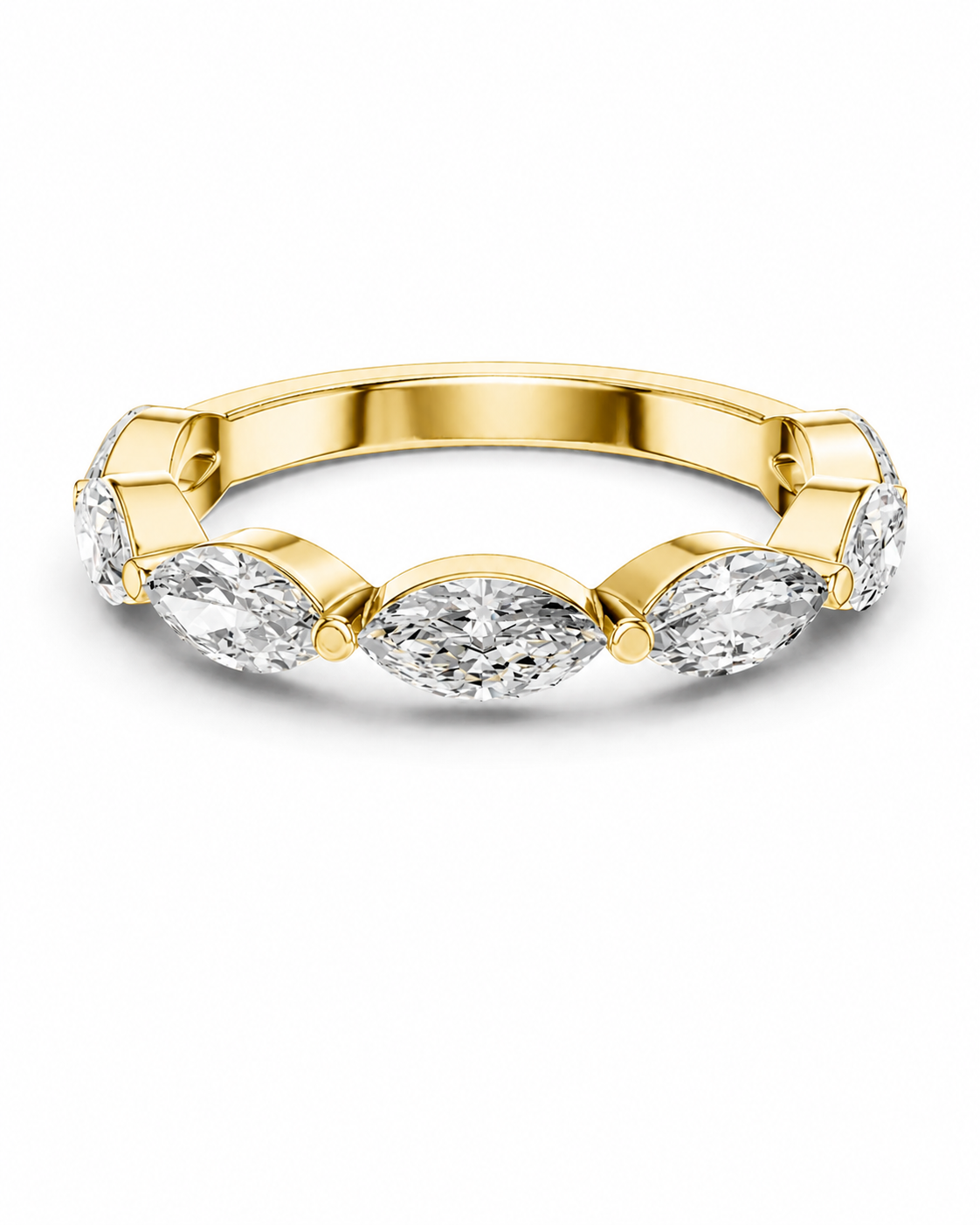 color_10K_YG, color_14K_YG &&A yellow gold band ring featuring a row of marquise-cut clear gemstones in a prong setting, shown on a clean white background.