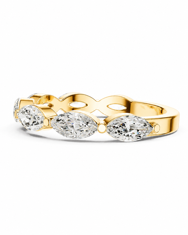 color_10K_YG, color_14K_YG &&A yellow gold eternity-style ring featuring three marquise-cut clear gemstones in a row, photographed on a clean white background.