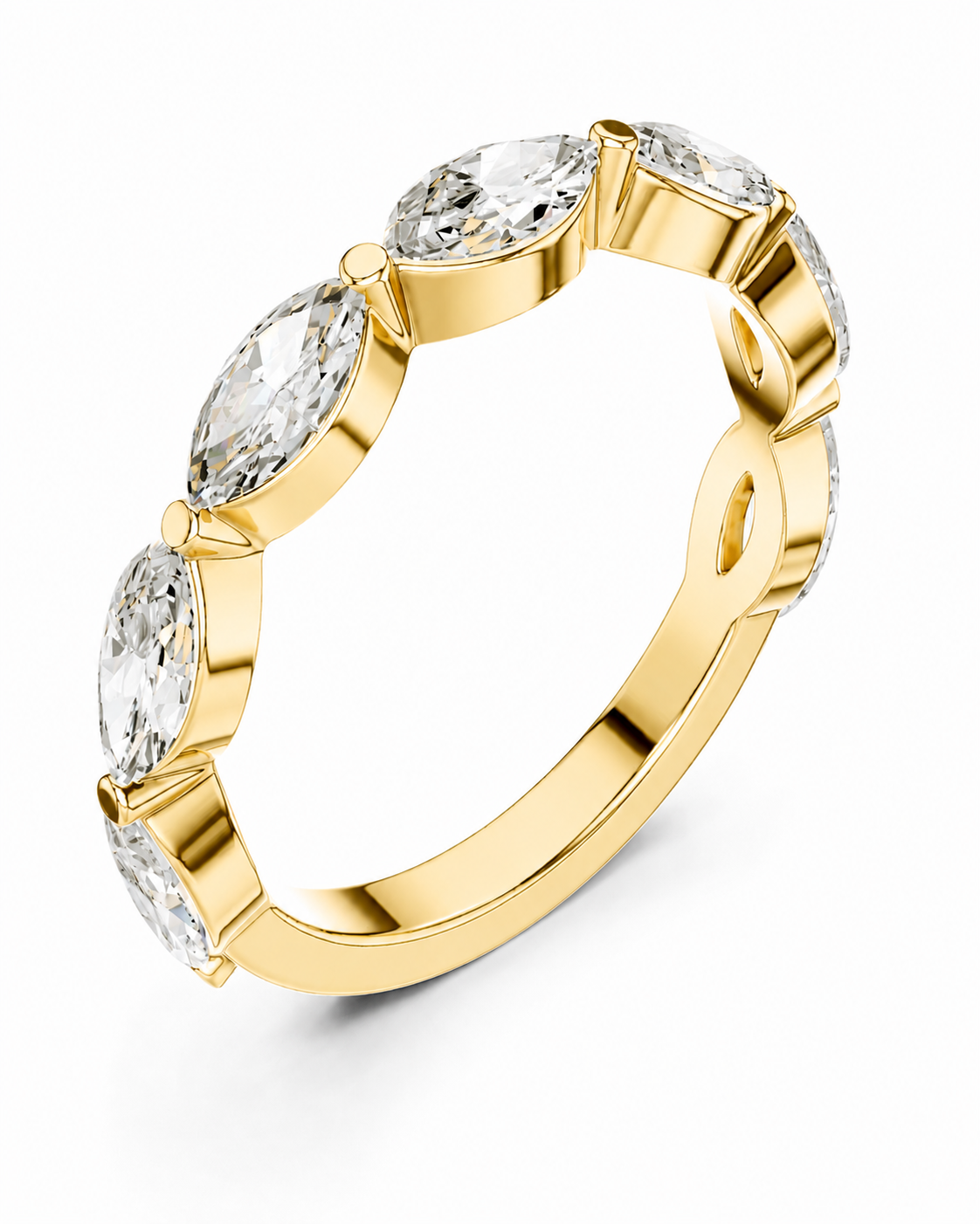 color_10K_YG, color_14K_YG &&A yellow gold eternity-style ring featuring five marquise-cut clear gemstones in a row, set in a polished band, shown on a clean white background.