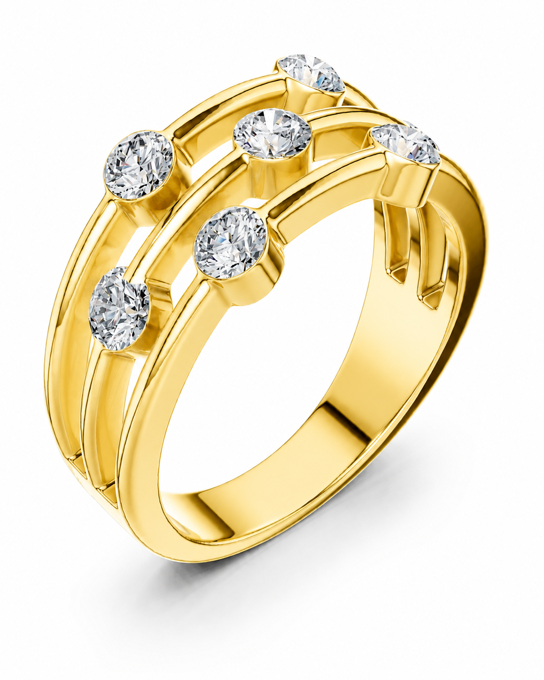 color_10K_YG, color_14K_YG &&A yellow gold ring with three parallel curved bands and six round-cut clear gemstones set along the top, shown on a clean white background.