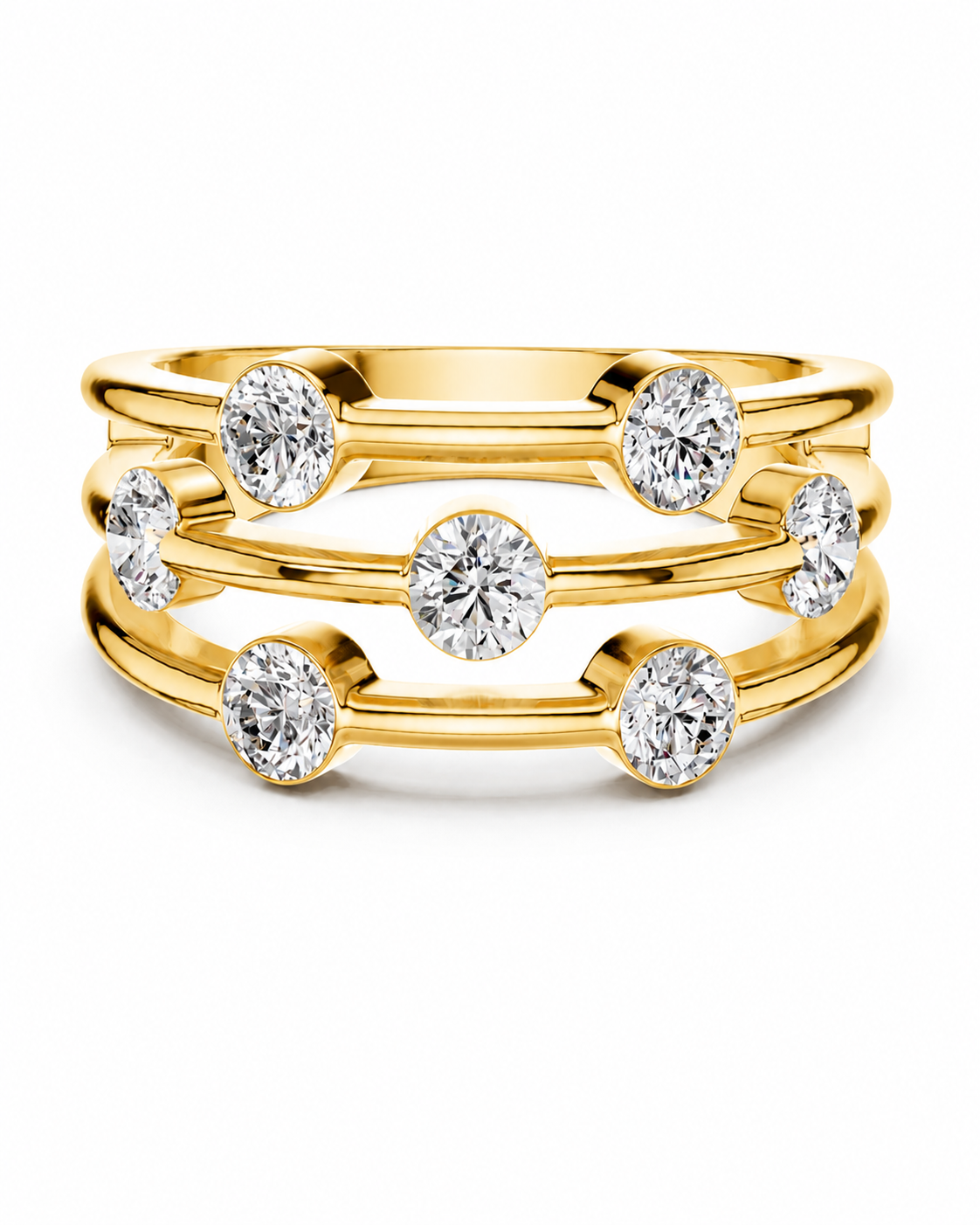 color_10K_YG, color_14K_YG &&A yellow gold triple-band ring set with round brilliant-cut diamonds, photographed on a clean white background.