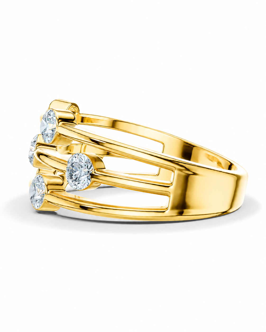 color_10K_YG, color_14K_YG &&A yellow gold ring with a multi-strand open bar design, featuring five round brilliant-cut clear gemstones, shown on a clean white background.