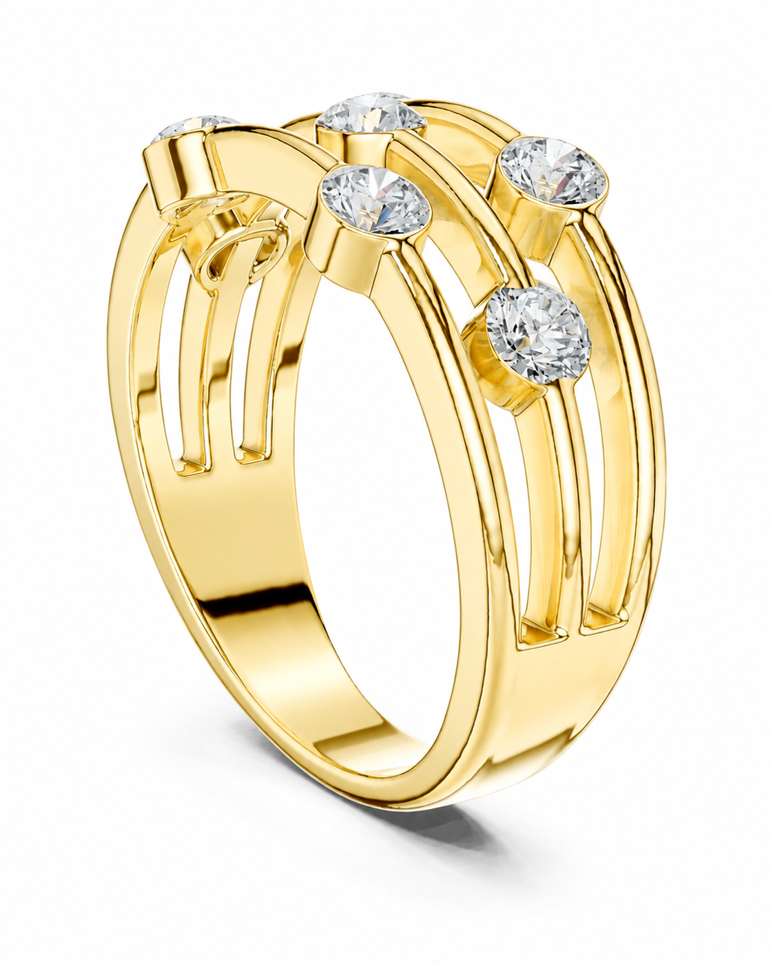 color_10K_YG, color_14K_YG &&A yellow gold ring with a multi-strand open band design and five round-cut clear gemstones, shown on a clean white background.