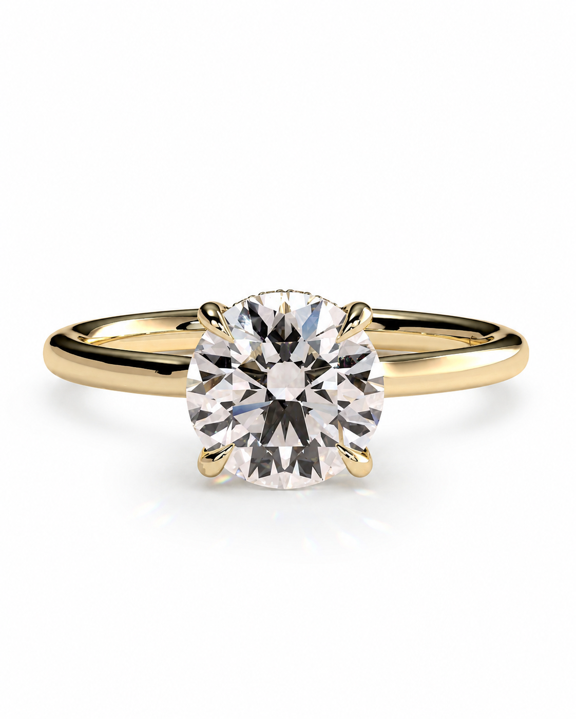 color_10K_YG, color_14K_YG &&A classic solitaire engagement ring featuring a round brilliant-cut diamond set in a yellow gold four-prong band, shown on a clean white background.