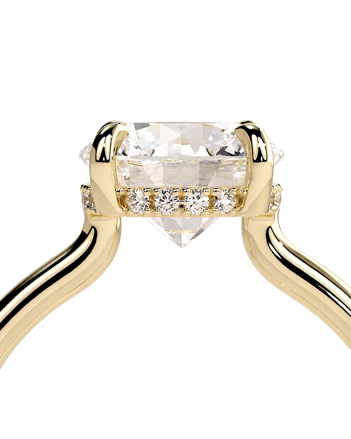 color_10K_YG, color_14K_YG &&A close-up of a yellow gold solitaire engagement ring featuring a large heart-shaped clear gemstone, with smaller diamonds set along the band, on a plain white background.