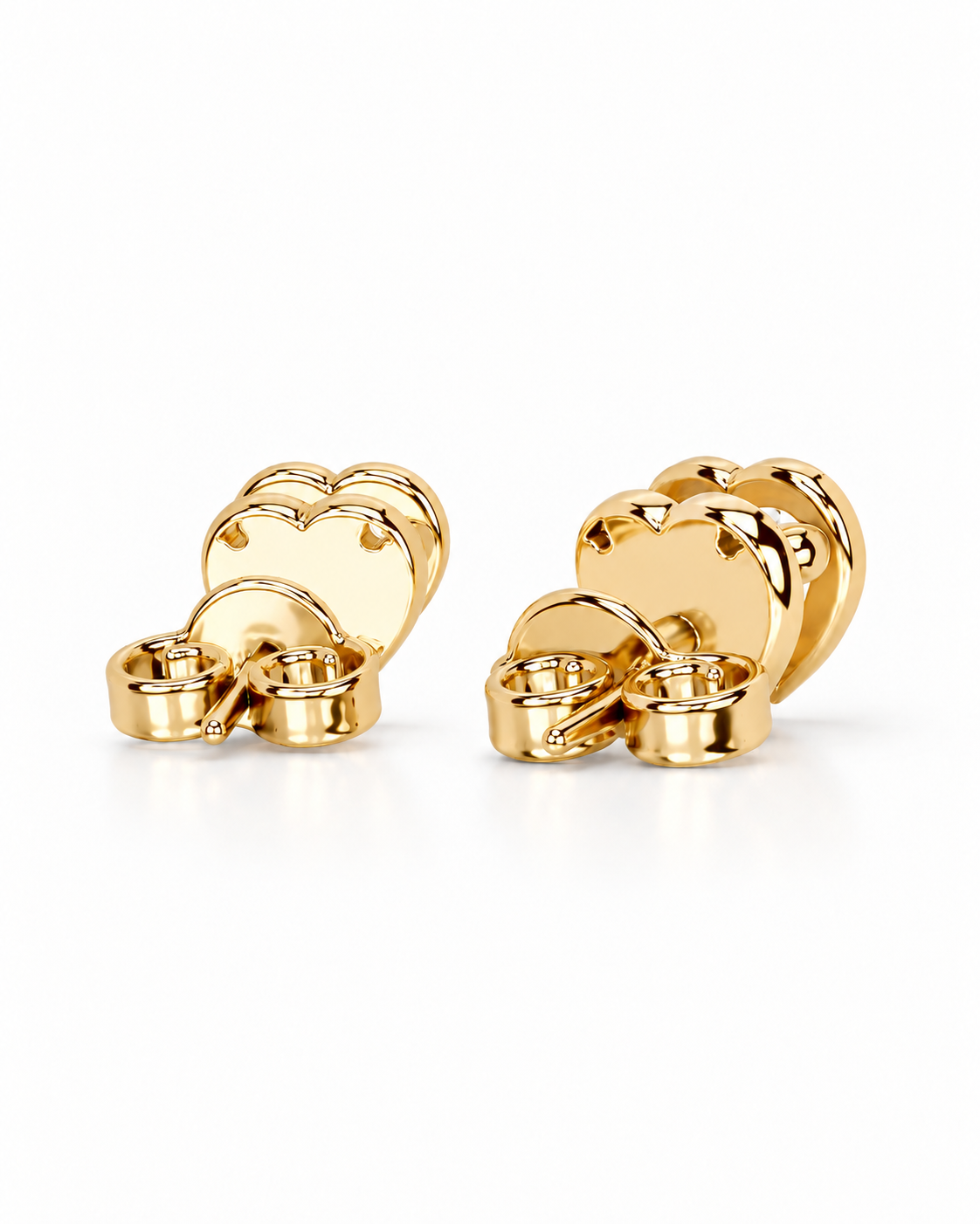 color_10K_YG, color_14K_YG &&A pair of gold heart-shaped stud earrings with a layered, overlapping heart design and polished reflective surfaces, shown on a clean white background.