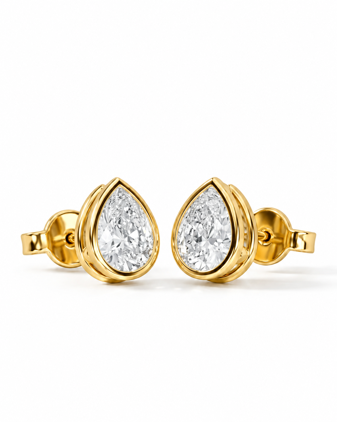 color_10K_YG, color_14K_YG &&A pair of gold teardrop stud earrings with pear-cut clear gemstones in a polished yellow gold setting, displayed on a clean white background.
