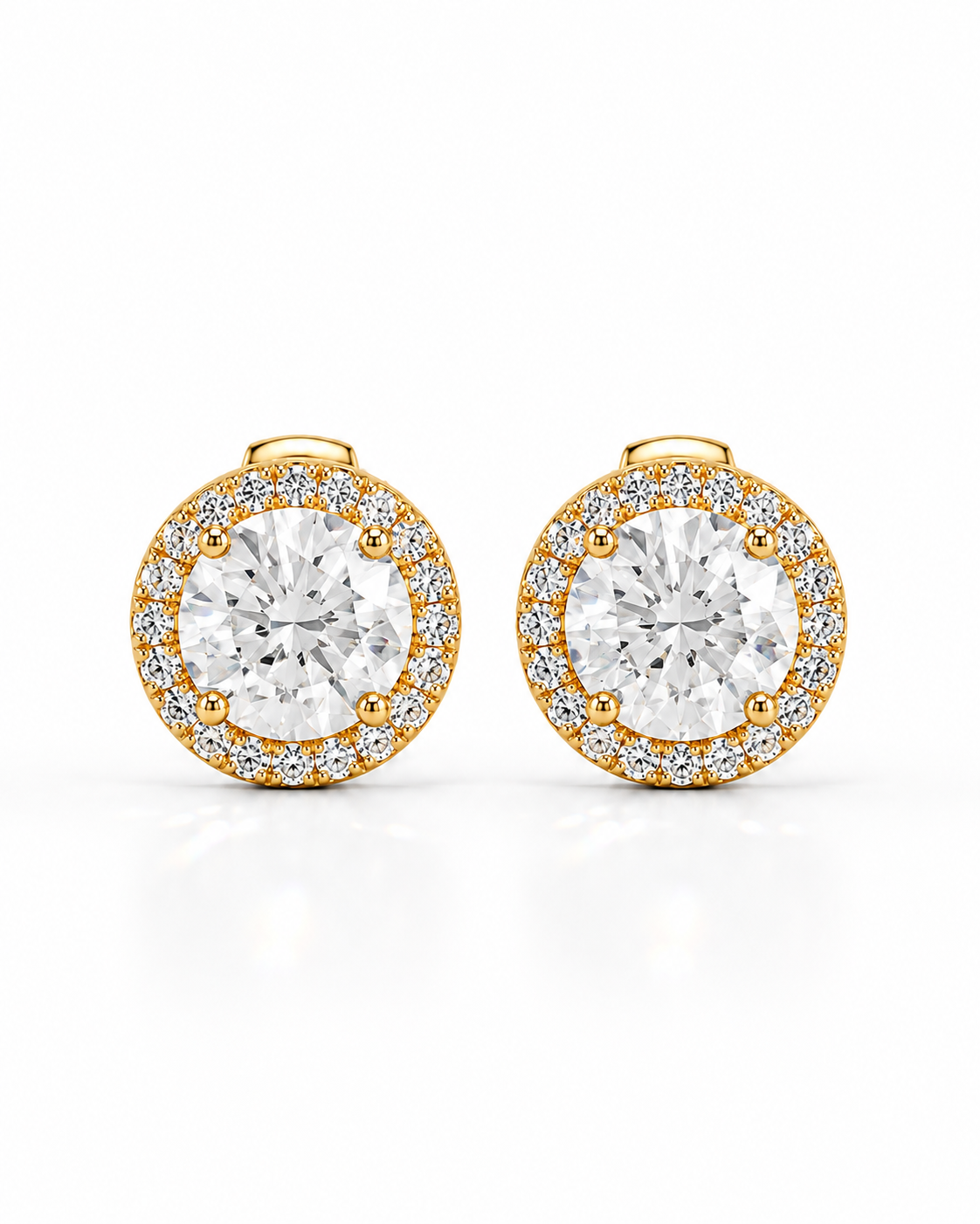 color_10K_YG, color_14K_YG &&A pair of round gold stud earrings with a central clear gemstone surrounded by a halo of smaller clear stones, shown on a clean white background.