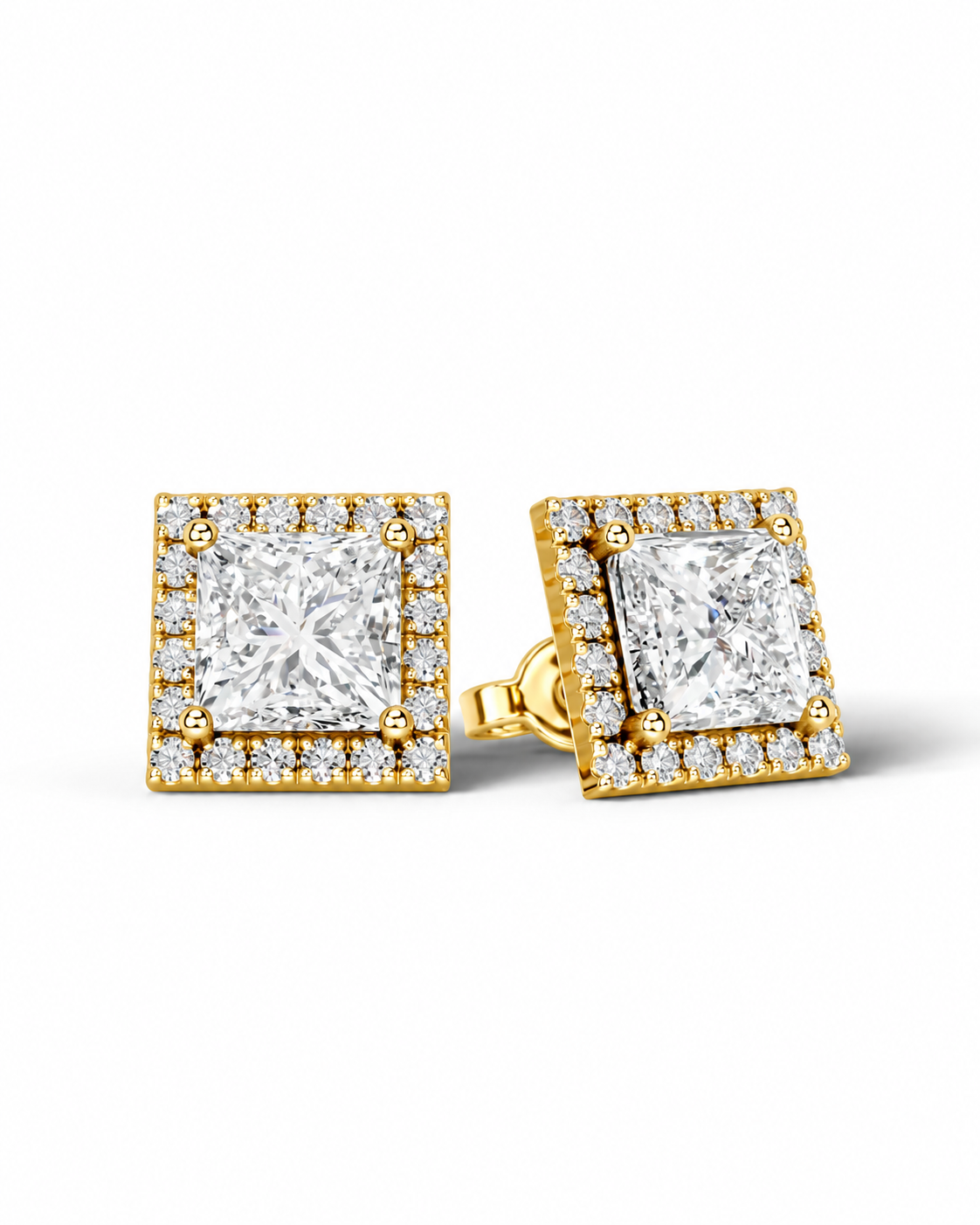 color_10K_YG, color_14K_YG &&A pair of square yellow gold stud earrings featuring a central princess-cut diamond surrounded by a halo of smaller diamonds, set against a clean white background.