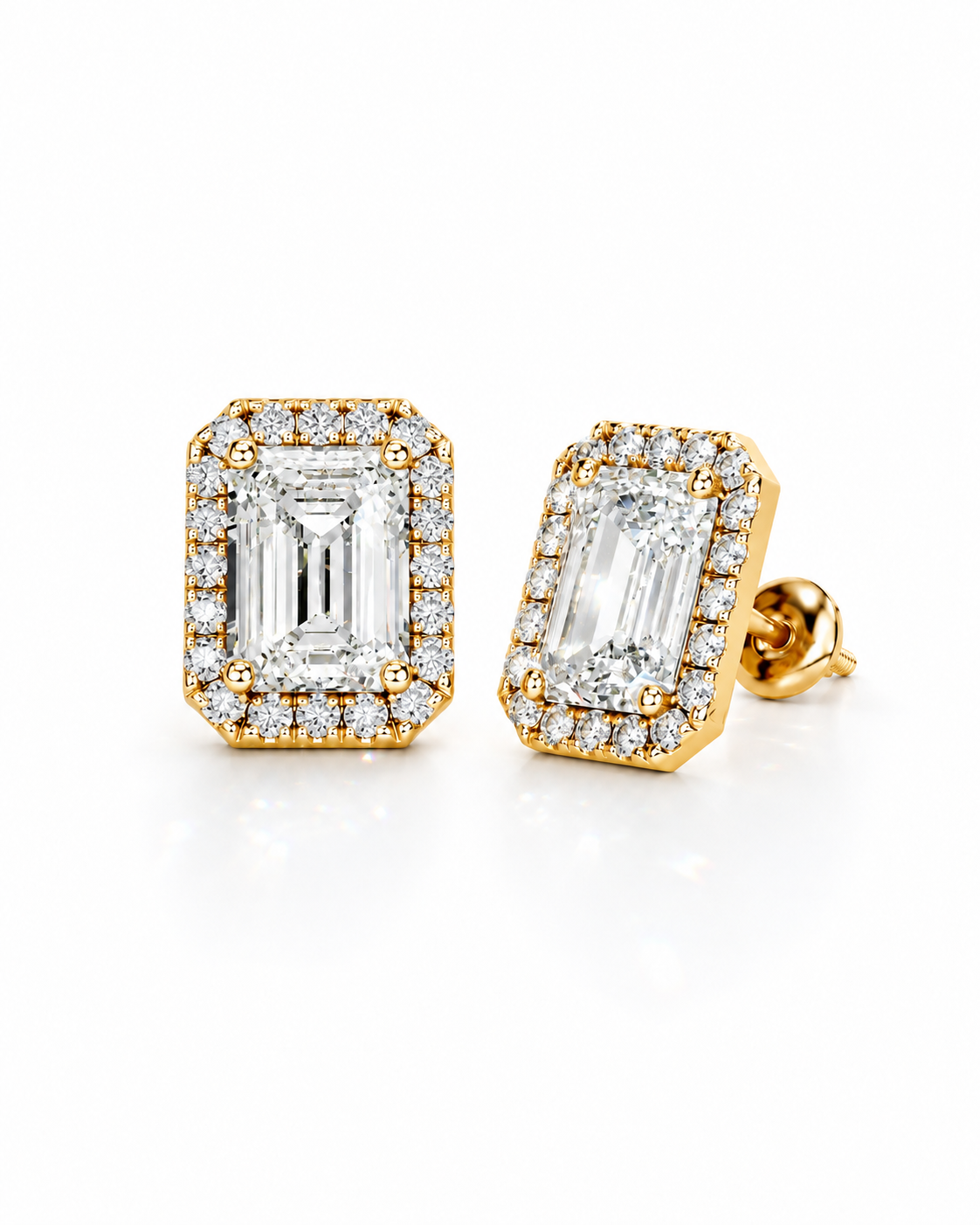 color_10K_YG, color_14K_YG &&A pair of yellow gold stud earrings featuring emerald-cut clear gemstones in a halo setting, shown on a clean white background.
