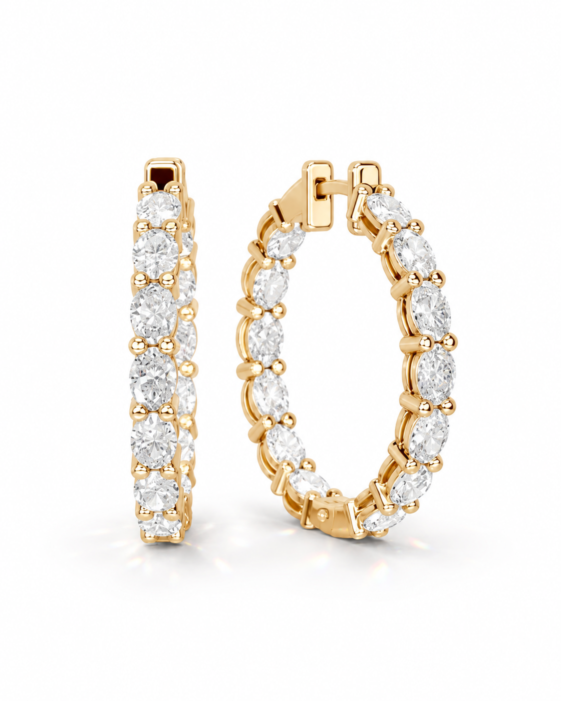 color_10K_YG, color_14K_YG &&A pair of gold hoop earrings set with round and oval clear gemstones, shown from the side and back on a clean white background.