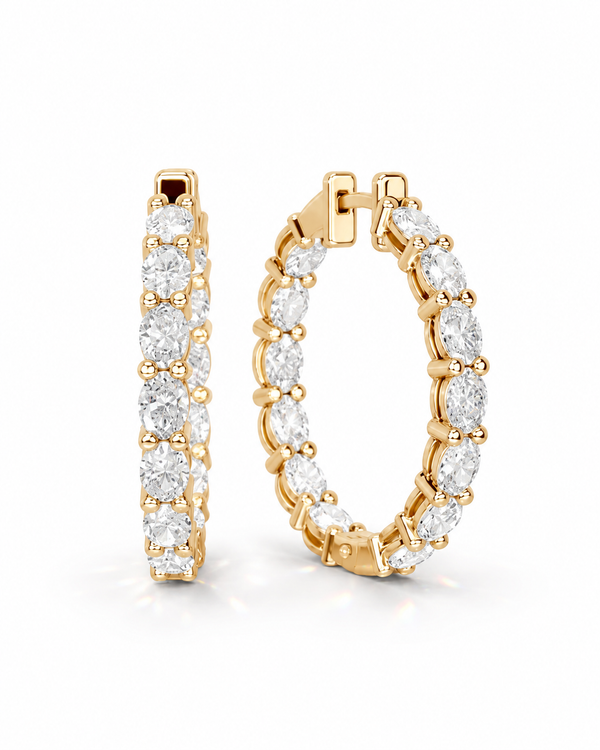 color_10K_YG, color_14K_YG &&A pair of gold hoop earrings set with round and oval clear gemstones, shown from the side and back on a clean white background.