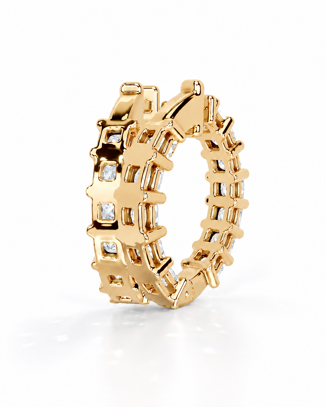 color_10K_YG, color_14K_YG &&A gold eternity ring featuring square-cut clear gemstones set in a textured, multi-row design, shown on a clean white background.