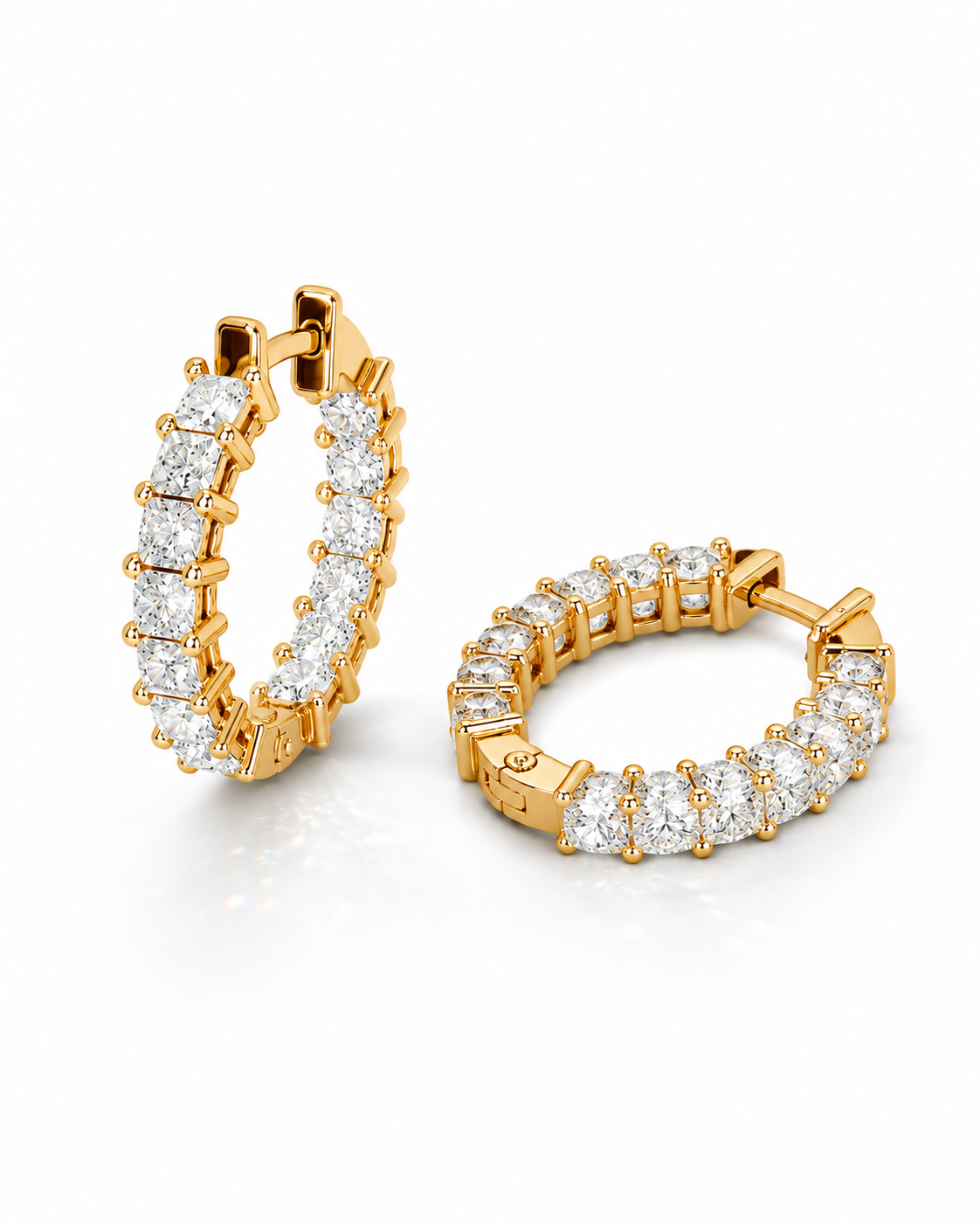 color_10K_YG, color_14K_YG &&A pair of gold hoop earrings set with round brilliant-cut diamonds, displayed on a clean white background.