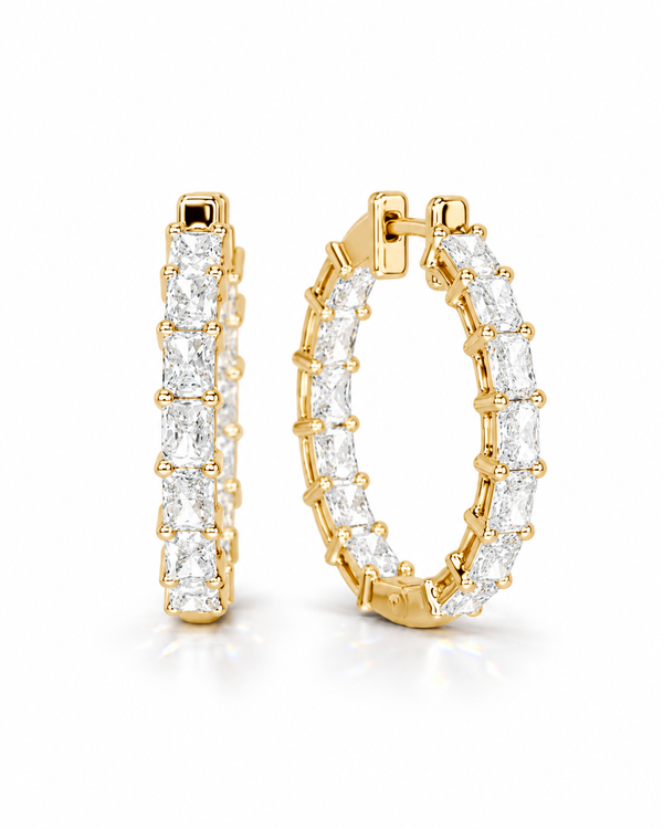 color_10K_YG, color_14K_YG &&A pair of gold hoop earrings set with baguette-cut clear gemstones, shown from the front and side on a clean white background.