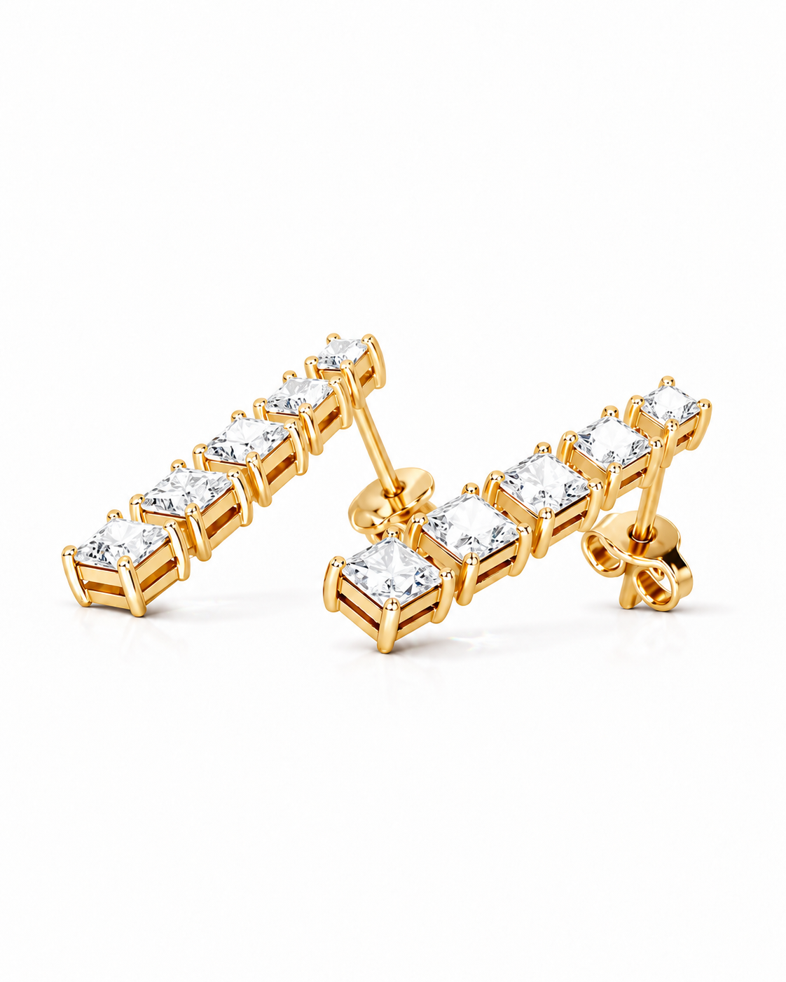 color_10K_YG, color_14K_YG &&A pair of gold stud earrings with a row of clear rectangular gemstones, shown on a clean white background.