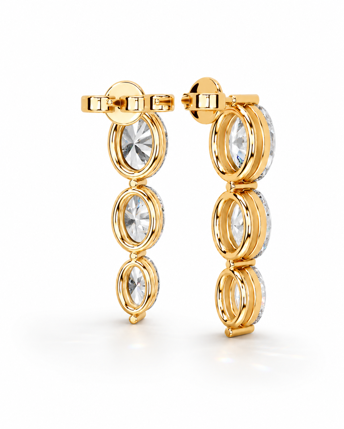 color_10K_YG, color_14K_YG &&A pair of gold hoop earrings with three oval clear gemstones in each earring, set in polished gold-toned metal on a clean white background.