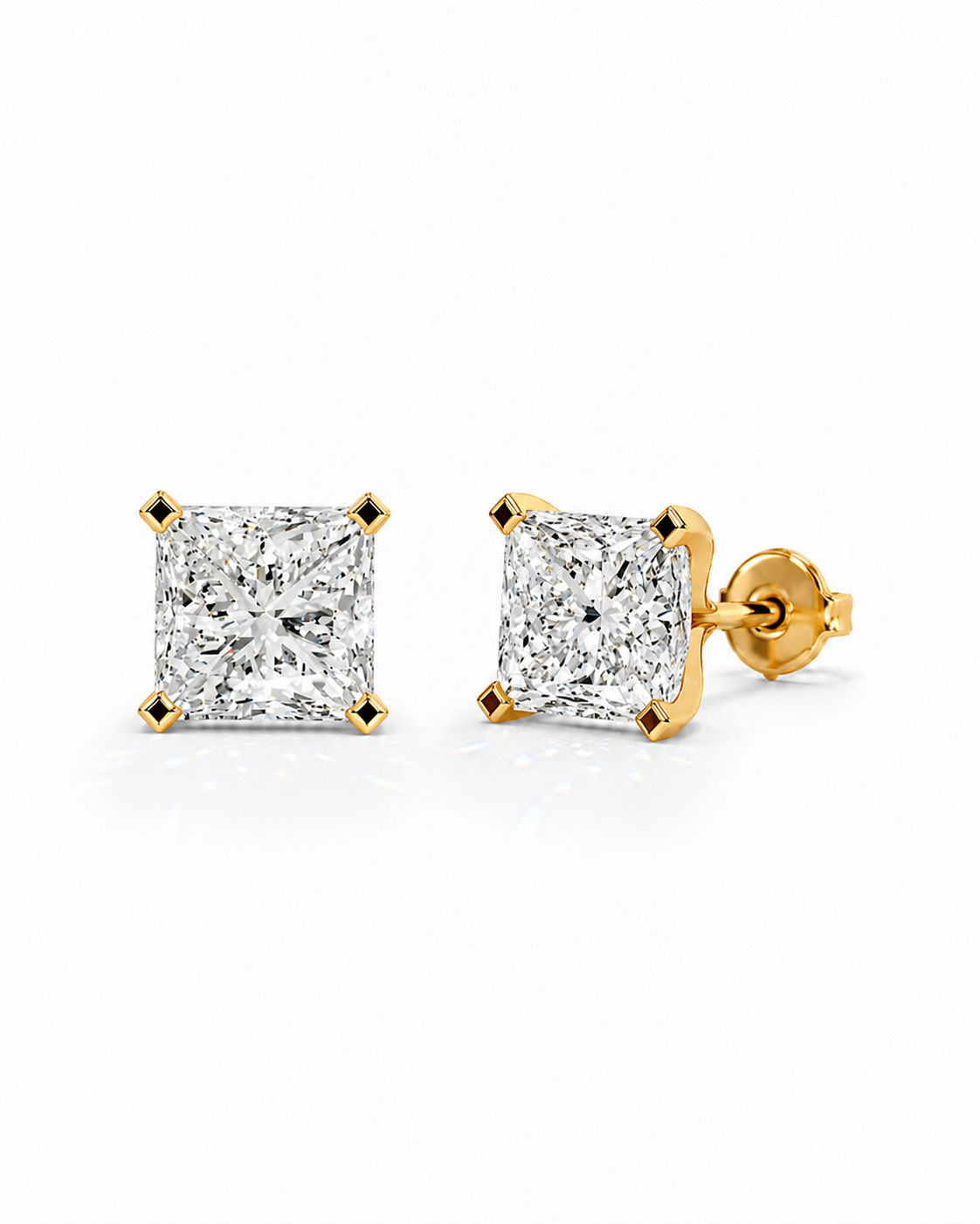 color_10K_YG, color_14K_YG &&A pair of yellow gold stud earrings with square princess-cut diamond settings, shown on a clean white background.
