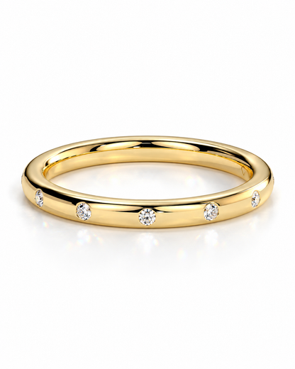 color_10K_YG, color_14K_YG &&A 
A polished yellow gold band ring featuring five evenly spaced round-cut clear gemstones, set against a clean white background.