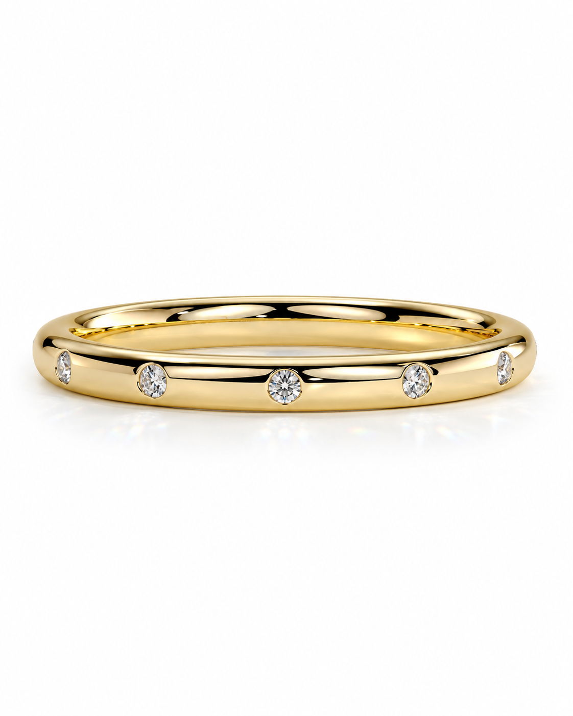 color_10K_YG, color_14K_YG &&A 
A yellow gold eternity-style ring featuring six small, round-cut clear gemstones spaced evenly around the band, set against a clean white background.