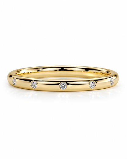 color_10K_YG, color_14K_YG &&A 
A yellow gold eternity-style ring featuring six small, round-cut clear gemstones spaced evenly around the band, set against a clean white background.