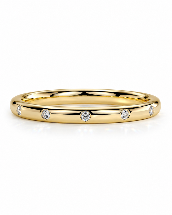 color_10K_YG, color_14K_YG &&A 
A yellow gold eternity-style ring featuring six small, round-cut clear gemstones spaced evenly around the band, set against a clean white background.