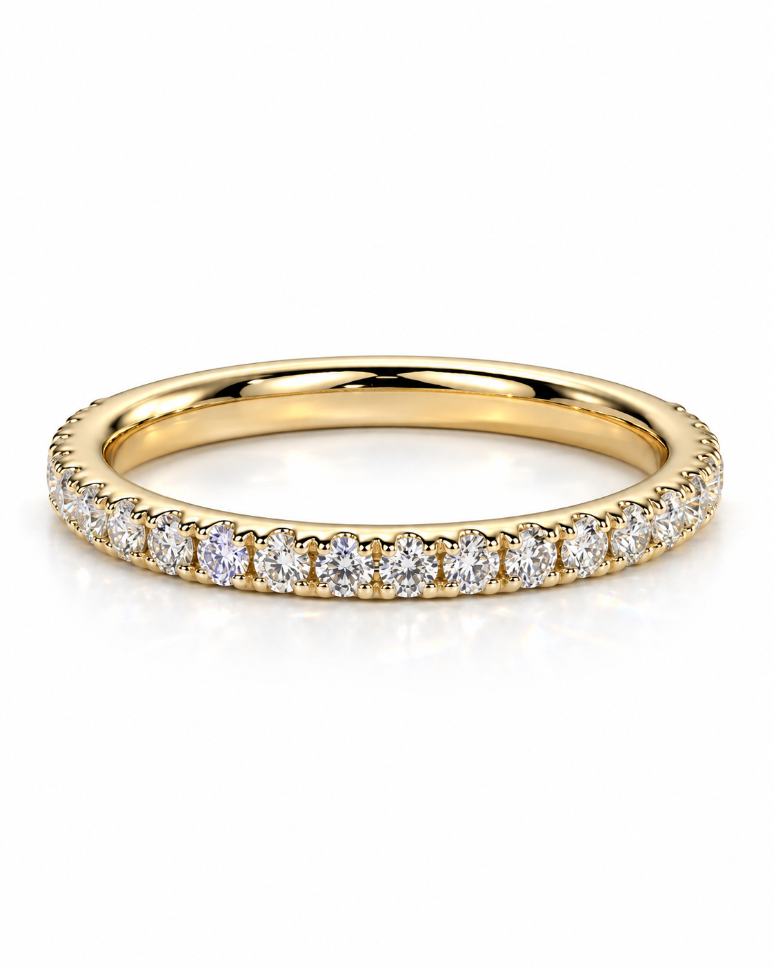 color_10K_YG, color_14K_YG &&A 
A yellow gold eternity ring featuring a continuous row of round brilliant-cut diamonds set in a polished band, shown on a clean white background.