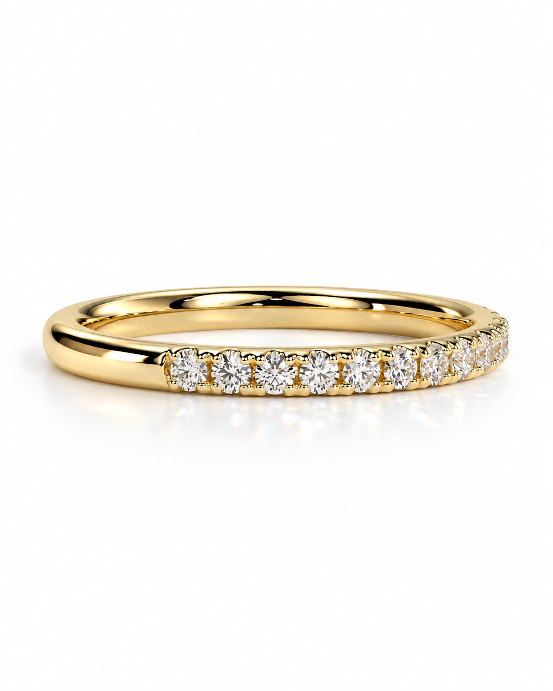 color_10K_YG, color_14K_YG &&A 
A yellow gold eternity ring featuring a row of round-cut clear gemstones set in a prong setting, shown on a clean white background with a soft reflection.